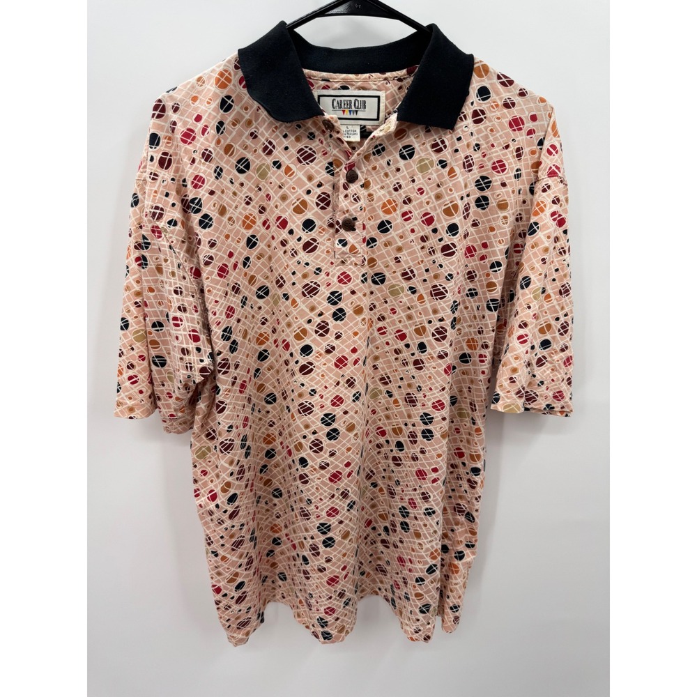 Vintage Career Club Mens Large Polo Shirt Abstract Geometric 90s Cotton Pink L
